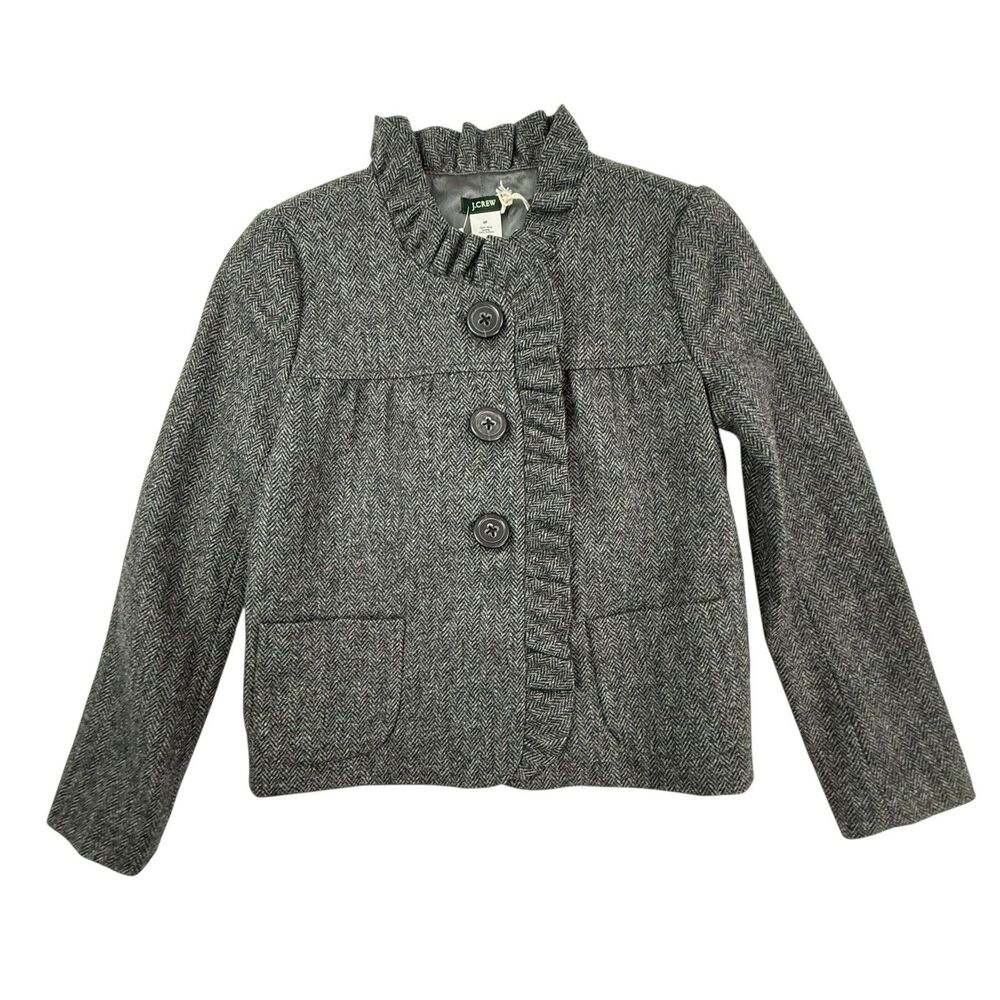 NEW J Crew Fiona Jacket Blazer Women 0 P Gray Wool Herringbone Ruffle Academia - Picture 2 of 10